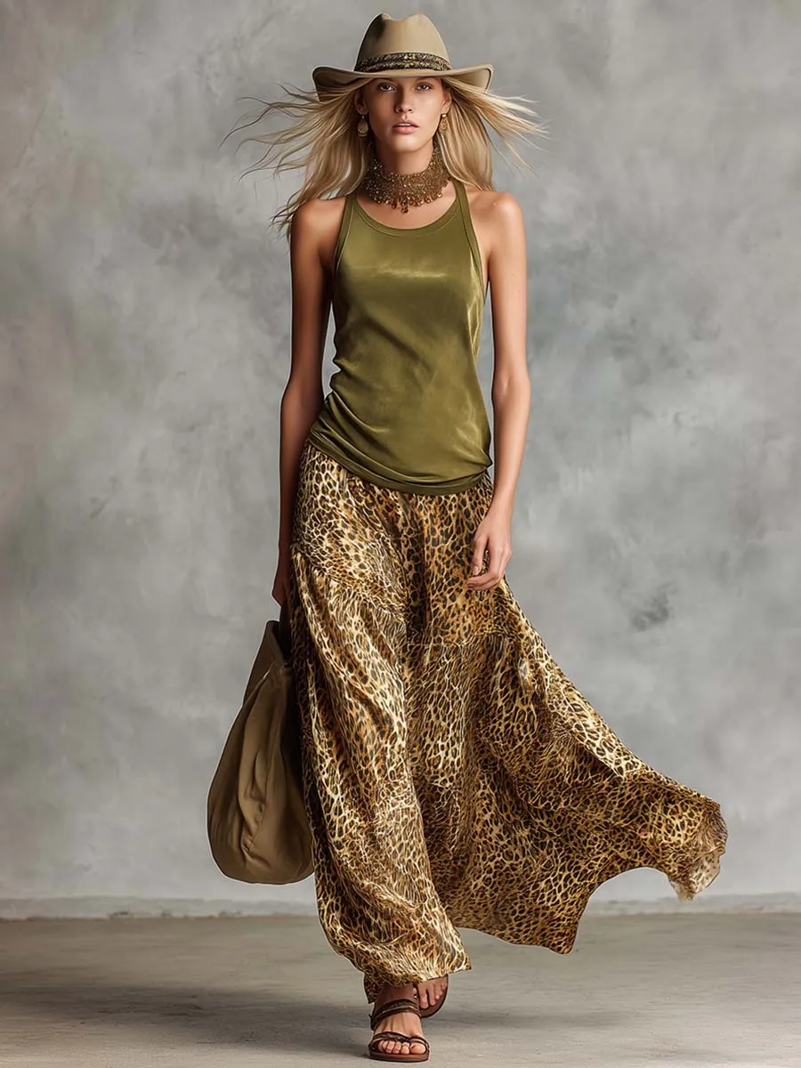 Retro Western Olive Green Faux Suede Top And Flowy Leopard Print Chiffon Skirt Set sold by Oyrosy product image thumbnail 2