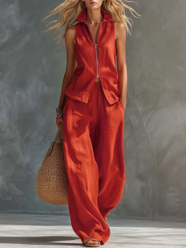 Casual Retro Vacation Sunset Red Cotton Linen Lapel Front-Zip Top And Pants Set made by Oyrosy