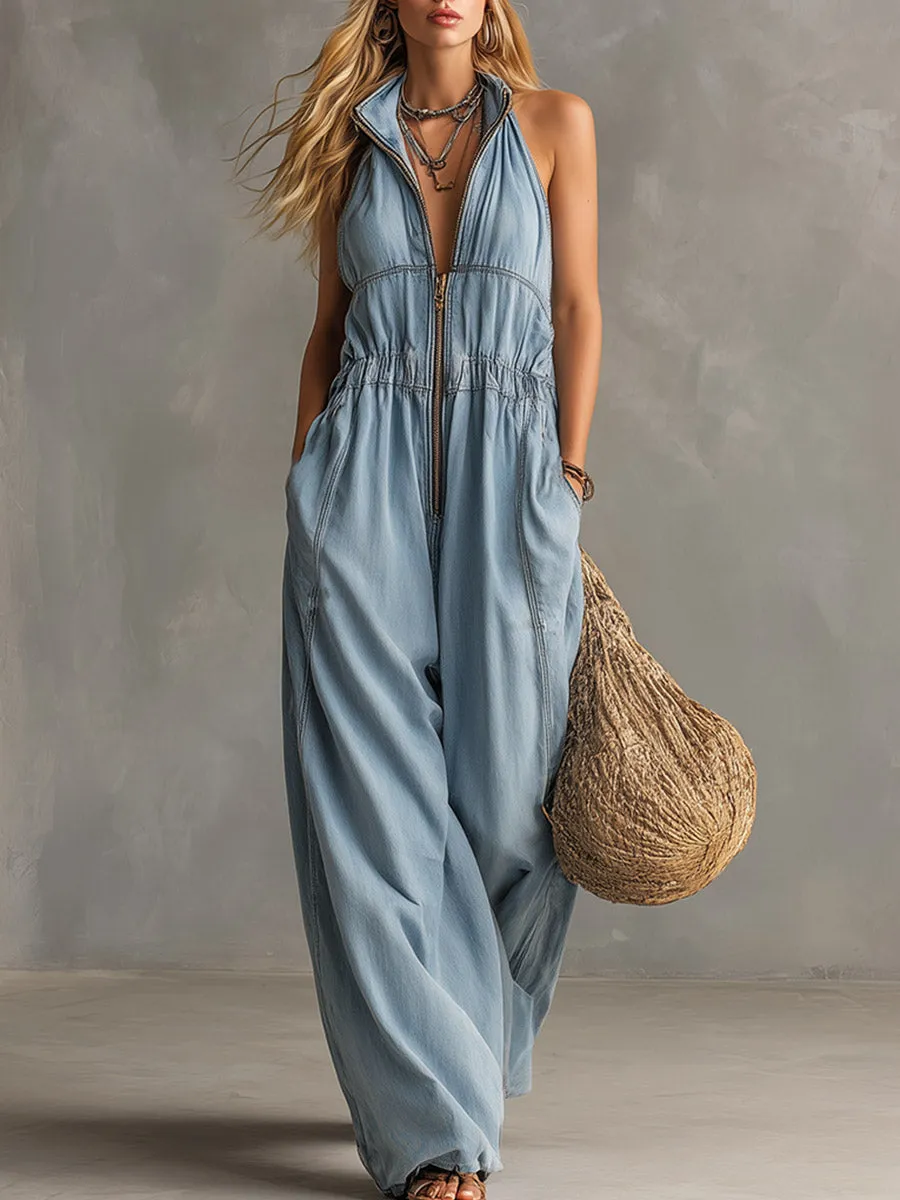 Casual Urban Silhouette Light Blue Denim Sleeveless Wide-Leg Jumpsuit sold by Oyrosy