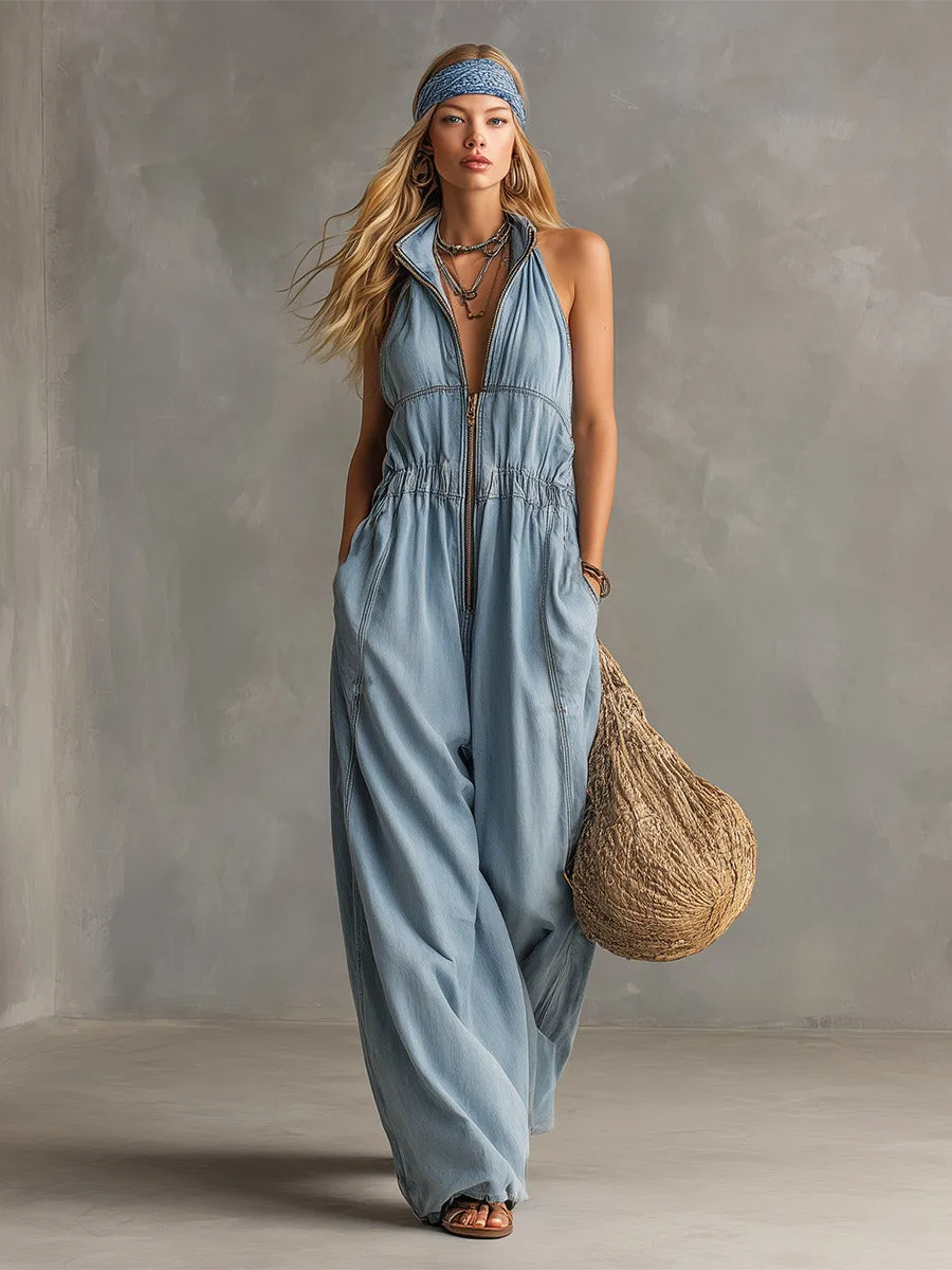 Casual Urban Silhouette Light Blue Denim Sleeveless Wide-Leg Jumpsuit sold by Oyrosy product image thumbnail 2