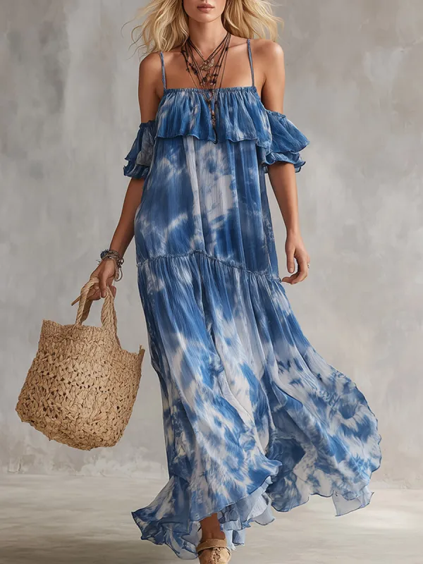 Exquisite Blue Tie-Dye Print Chiffon Off-Shoulder Short-Sleeve Maxi Dress made by Oyrosy