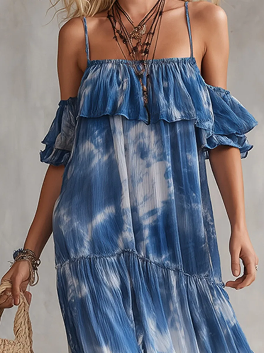 Exquisite Blue Tie-Dye Print Chiffon Off-Shoulder Short-Sleeve Maxi Dress sold by Oyrosy product image thumbnail 3