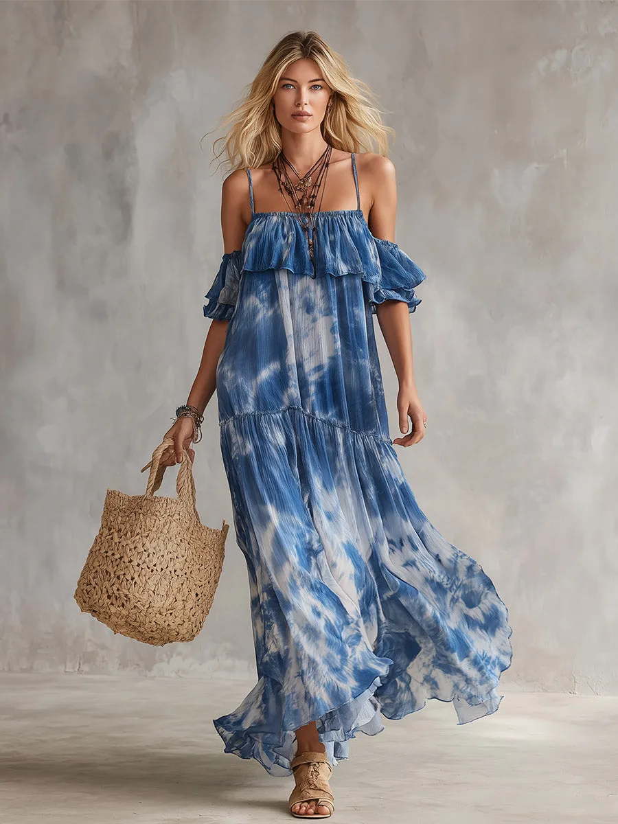 Exquisite Blue Tie-Dye Print Chiffon Off-Shoulder Short-Sleeve Maxi Dress sold by Oyrosy product image thumbnail 2