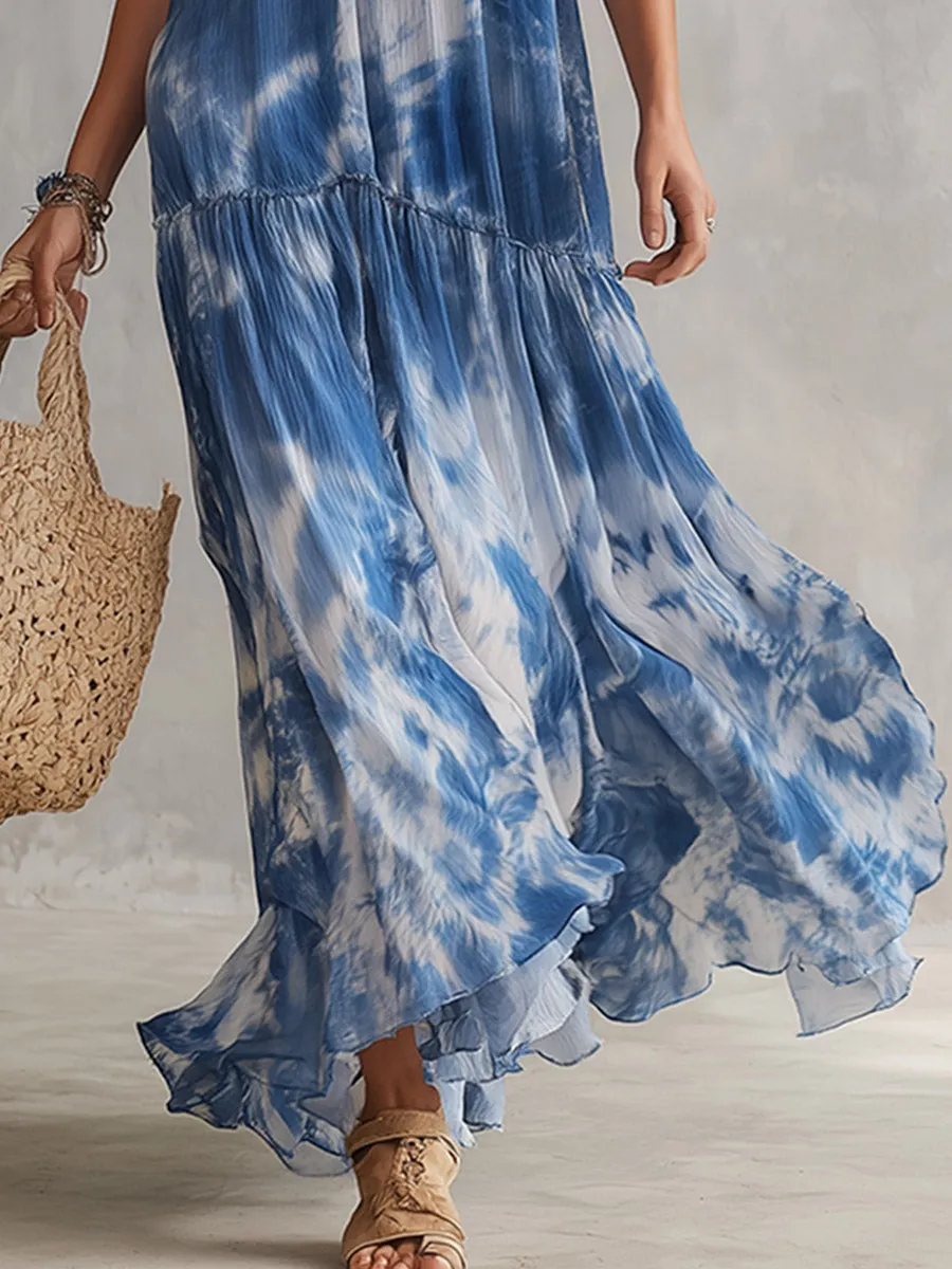 Exquisite Blue Tie-Dye Print Chiffon Off-Shoulder Short-Sleeve Maxi Dress sold by Oyrosy product image thumbnail 4