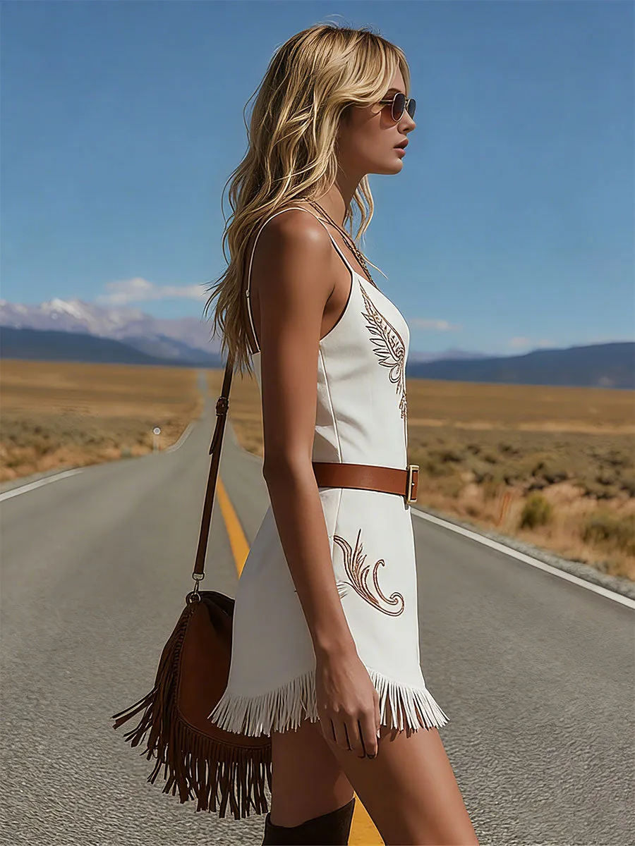 Western-style Retro Embroidered Tassel White V-neck Sleeveless Faux Suede Mini Dress sold by Oyrosy product image thumbnail 2