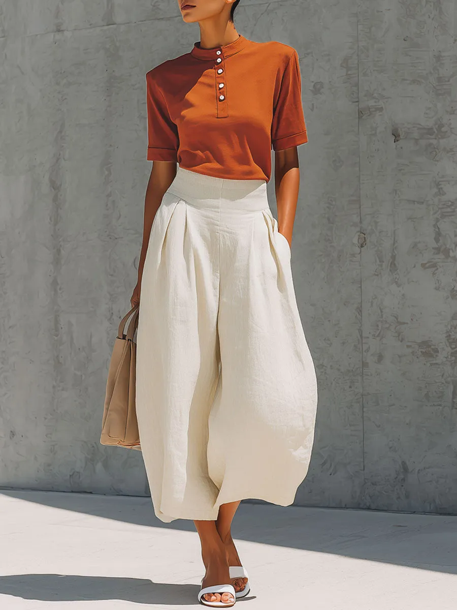 Casual Retro Orange Cotton Short-Sleeve T-Shirt And Linen Capri Pants Set sold by Oyrosy