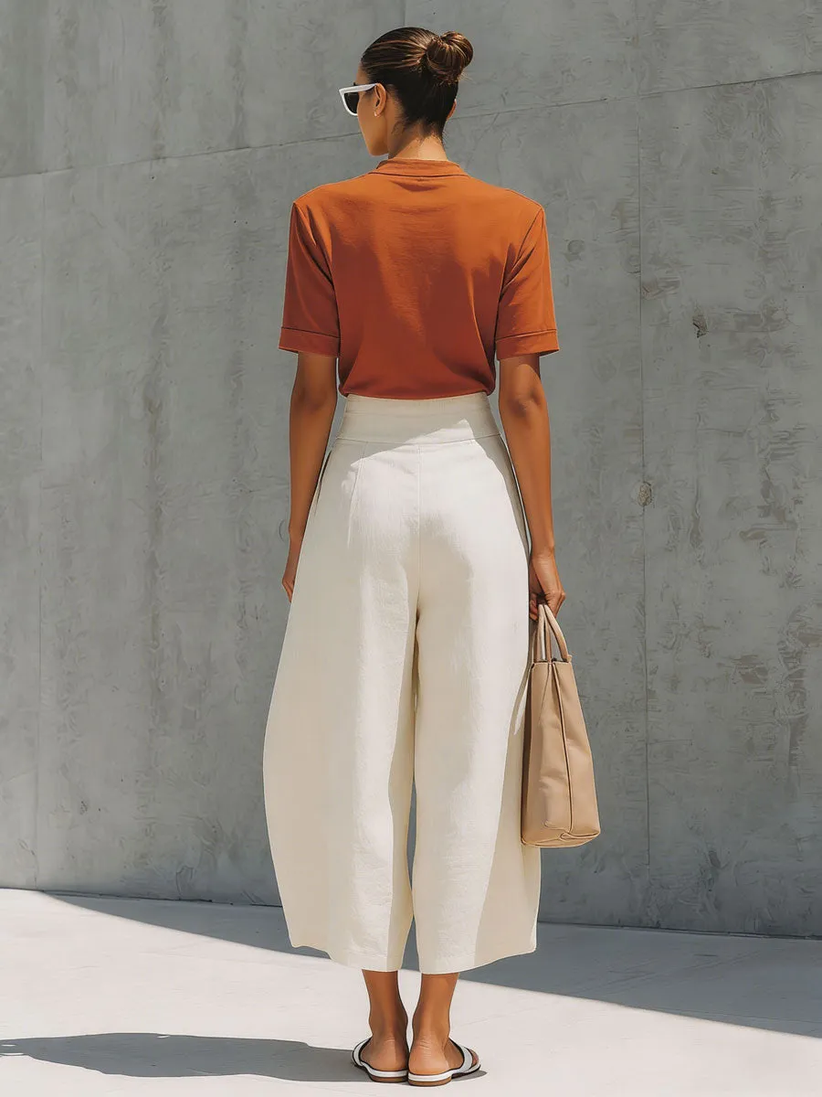 Casual Retro Orange Cotton Short-Sleeve T-Shirt And Linen Capri Pants Set sold by Oyrosy product image thumbnail 3