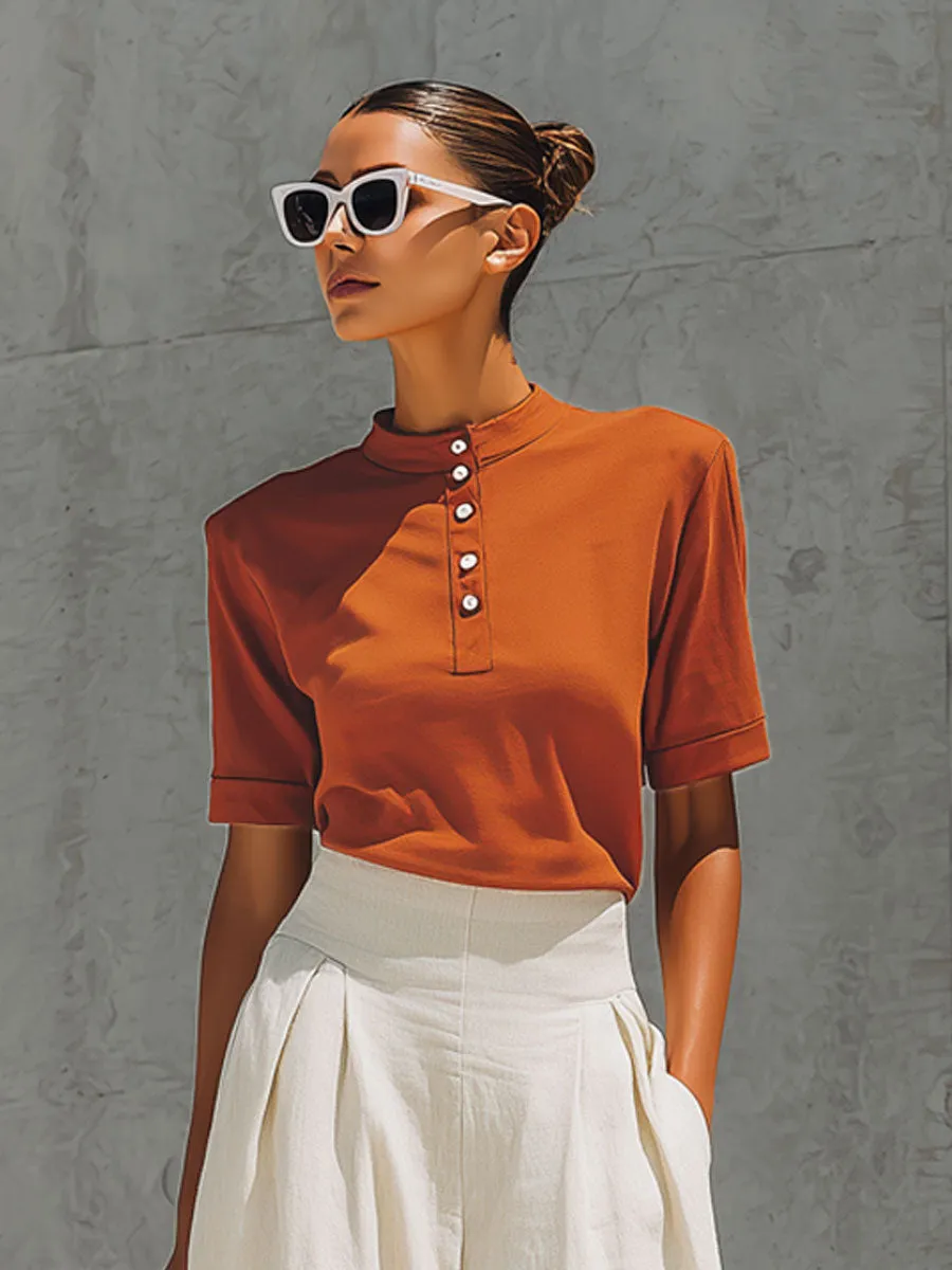 Casual Retro Orange Cotton Short-Sleeve T-Shirt And Linen Capri Pants Set sold by Oyrosy product image thumbnail 5