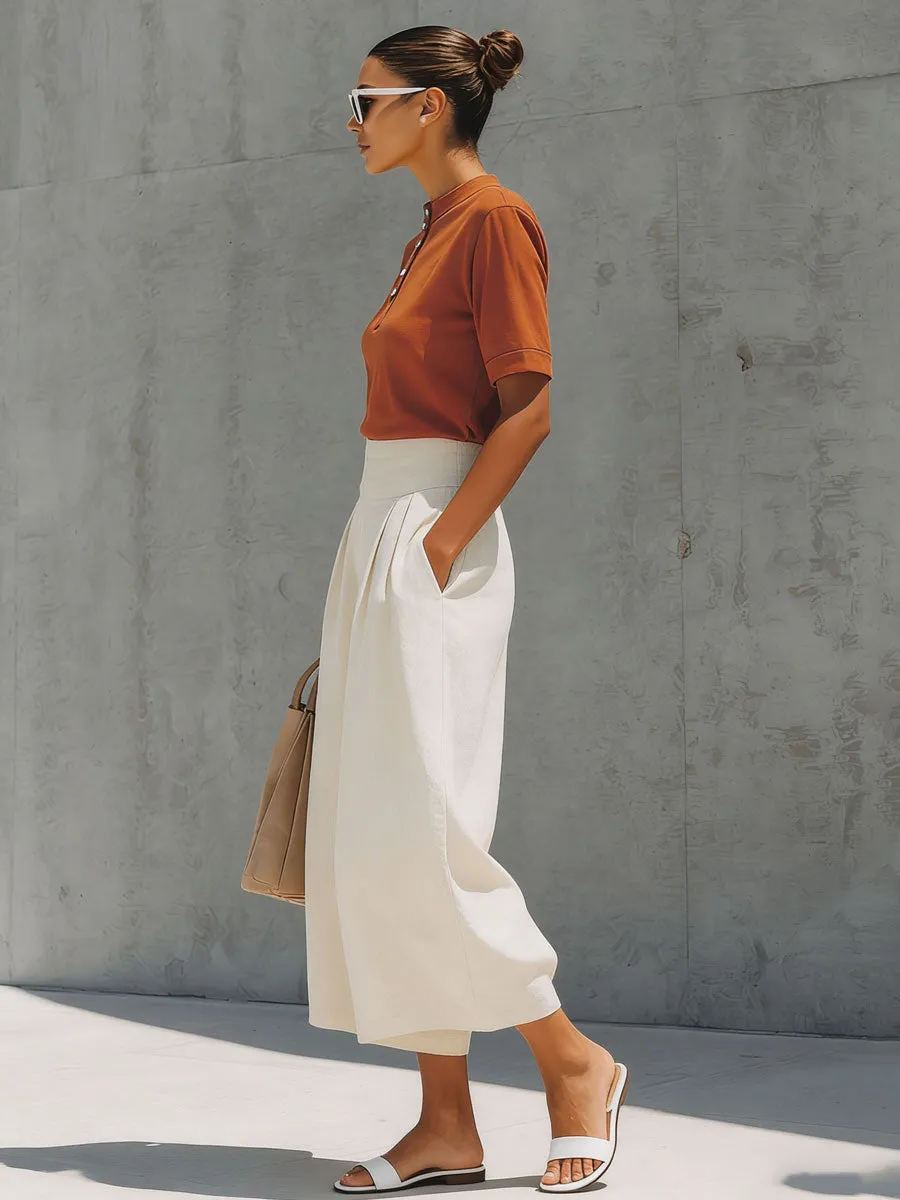 Casual Retro Orange Cotton Short-Sleeve T-Shirt And Linen Capri Pants Set sold by Oyrosy product image thumbnail 2