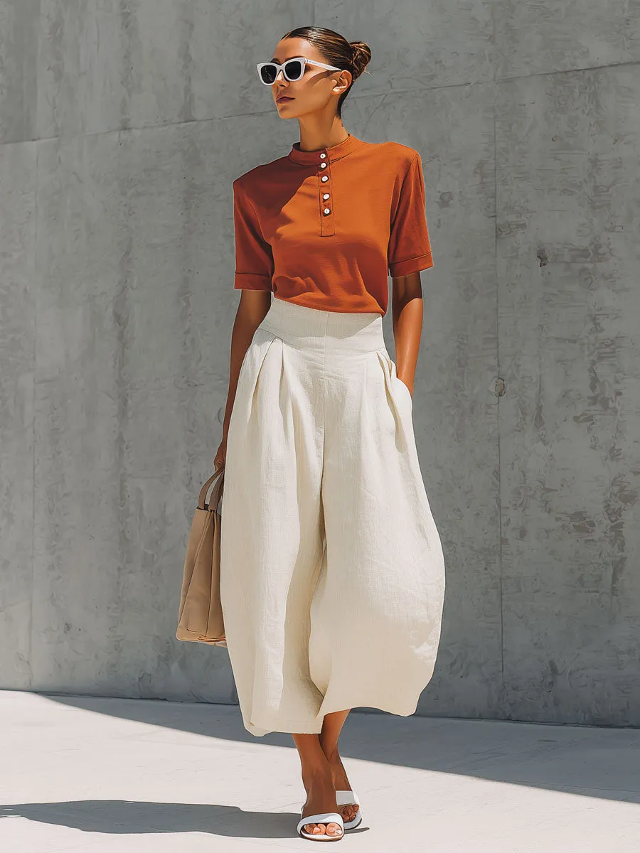 Casual Retro Orange Cotton Short-Sleeve T-Shirt And Linen Capri Pants Set sold by Oyrosy product image thumbnail 4