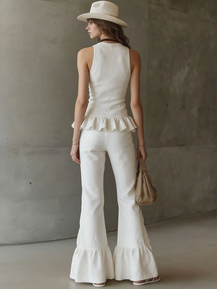 Casual Retro White Cotton And Linen Ruffled Top And Flared Pants Set sold by Oyrosy product image thumbnail 3