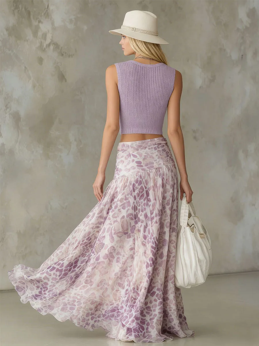 Fitted V-neck Sleeveless Knit Top And Leopard Print Chiffon Skirt Set sold by Oyrosy product image thumbnail 3