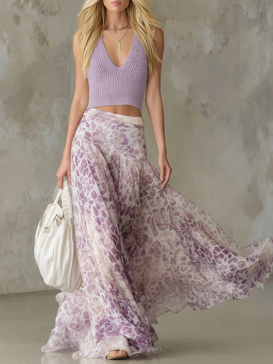 Fitted V-neck Sleeveless Knit Top And Leopard Print Chiffon Skirt Set sold by Oyrosy