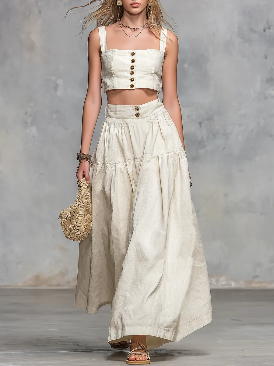 Casual And Stylish Square-neck Sleeveless Cropped Top And Long Skirt Set sold by Oyrosy