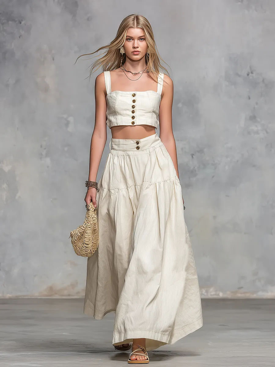 Casual And Stylish Square-neck Sleeveless Cropped Top And Long Skirt Set sold by Oyrosy product image thumbnail 4