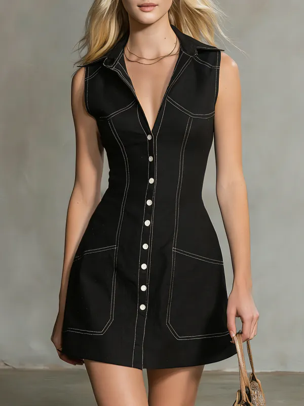Retro Elegant Sleeveless V-neck Button-down Mini Dress made by Oyrosy