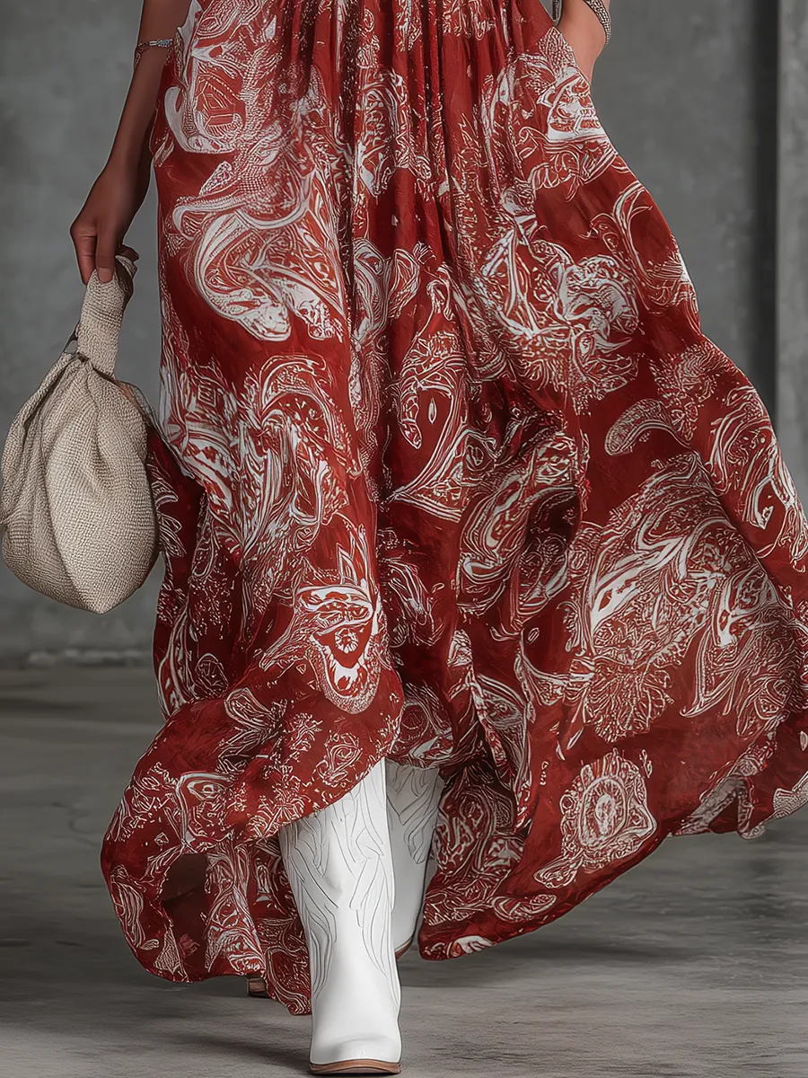 Retro Bohemian Vacation-Style Paisley Print Chiffon Halter Maxi Dress sold by Oyrosy product image thumbnail 4