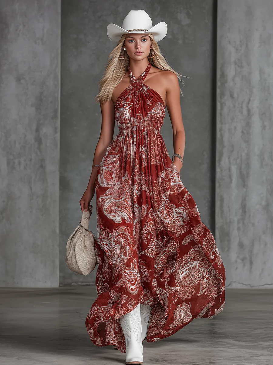 Retro Bohemian Vacation-Style Paisley Print Chiffon Halter Maxi Dress sold by Oyrosy product image thumbnail 2