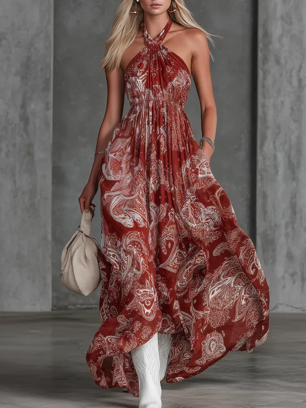 Retro Bohemian Vacation-Style Paisley Print Chiffon Halter Maxi Dress made by Oyrosy