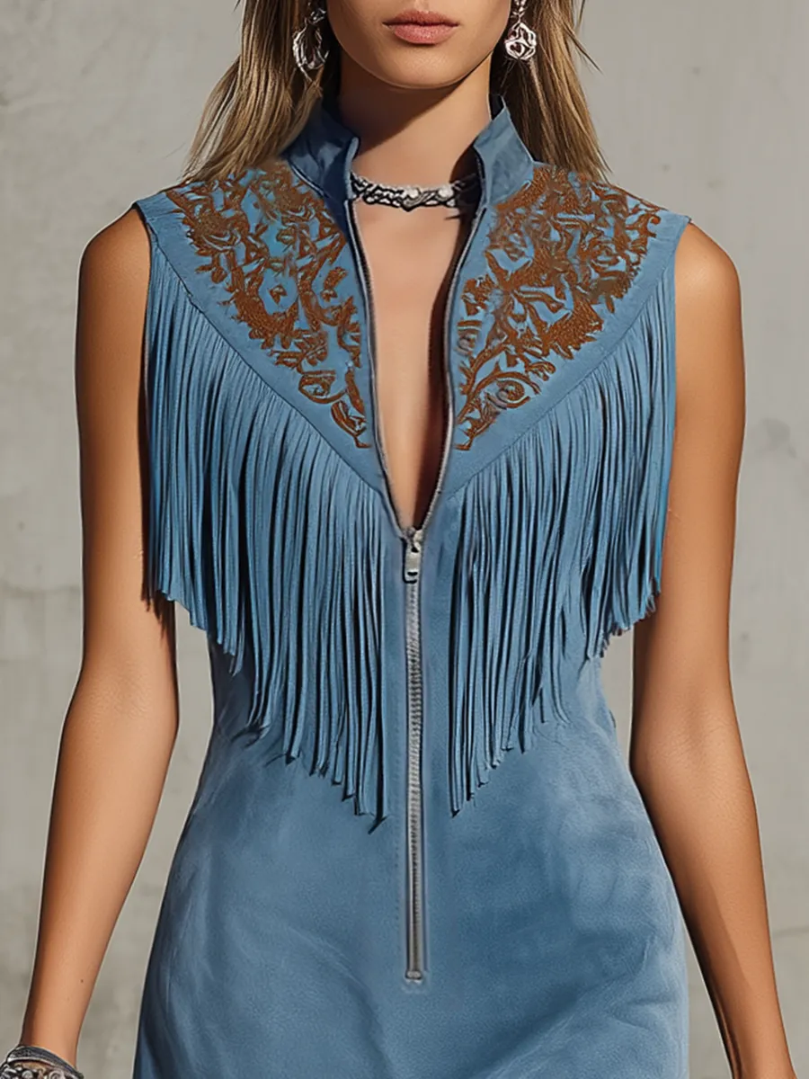 Retro Western-Style Zip Stand Collar Embroidery Fringe Faux Suede Midi Dress sold by Oyrosy product image thumbnail 3
