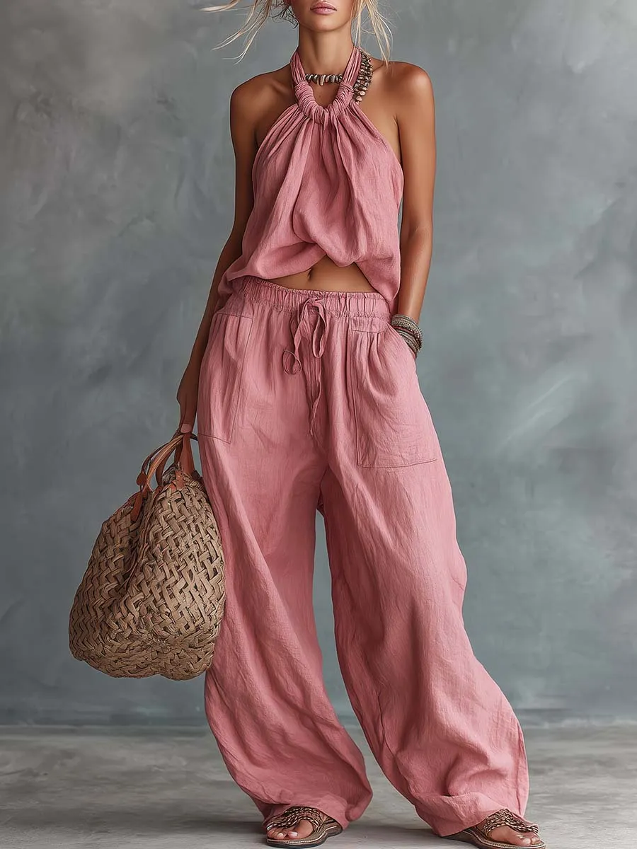 Retro Casual Vacation Pink Cotton-Linen Halter Top And Pants Set sold by Oyrosy