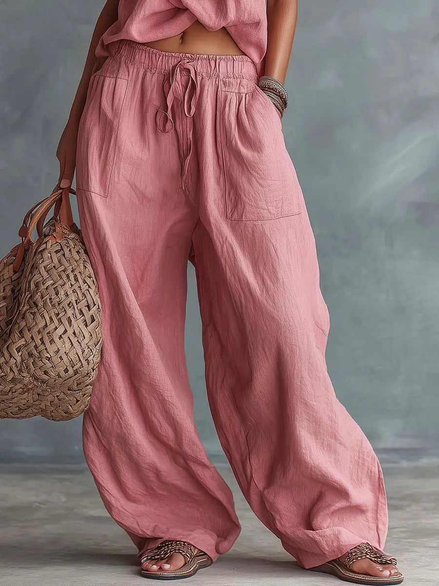 Retro Casual Vacation Pink Cotton-Linen Halter Top And Pants Set sold by Oyrosy product image thumbnail 4