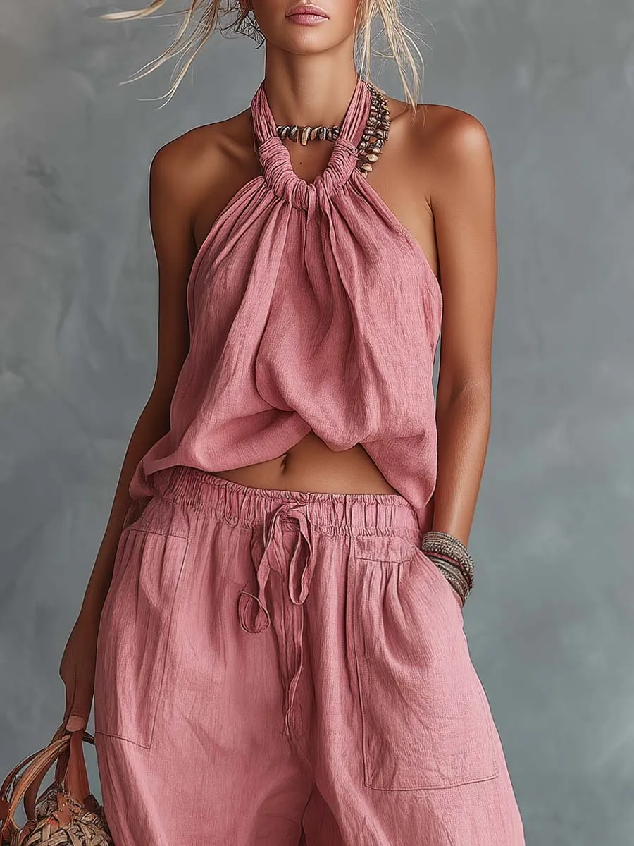 Retro Casual Vacation Pink Cotton-Linen Halter Top And Pants Set sold by Oyrosy product image thumbnail 3