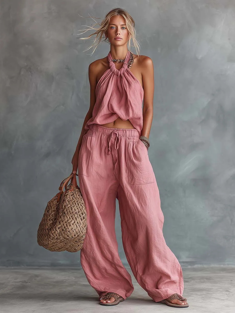 Retro Casual Vacation Pink Cotton-Linen Halter Top And Pants Set sold by Oyrosy product image thumbnail 2