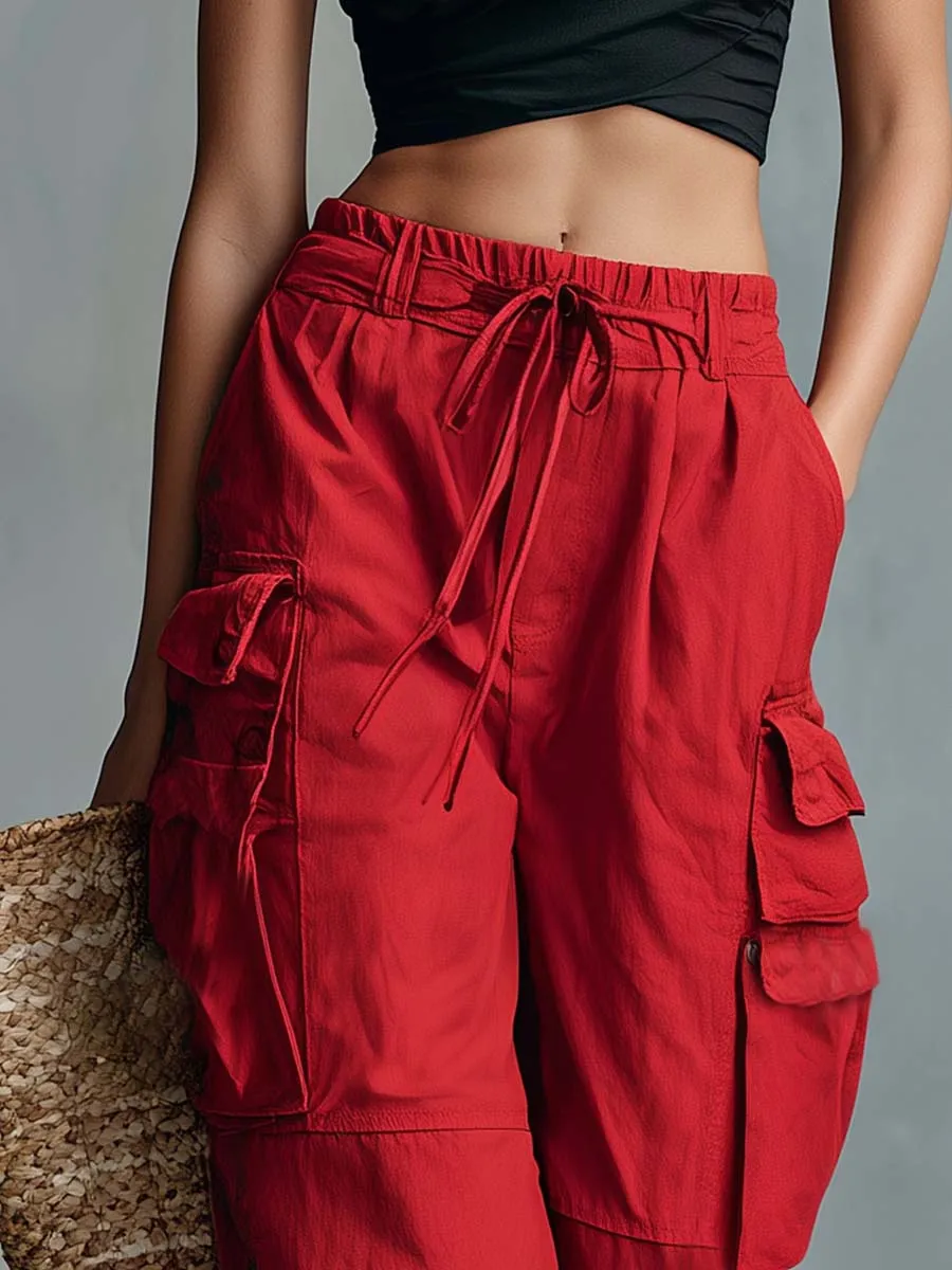 Casual Vacation-Style Red Cotton-Linen Cargo Capris Pants sold by Oyrosy product image thumbnail 3