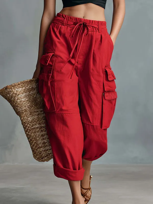 Casual Vacation-Style Red Cotton-Linen Cargo Capris Pants made by Oyrosy