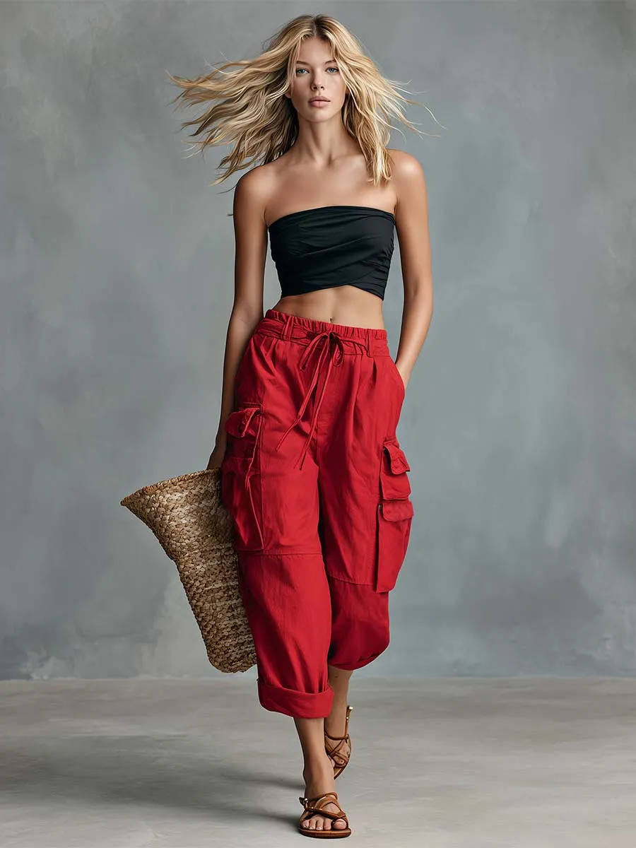 Casual Vacation-Style Red Cotton-Linen Cargo Capris Pants sold by Oyrosy product image thumbnail 2