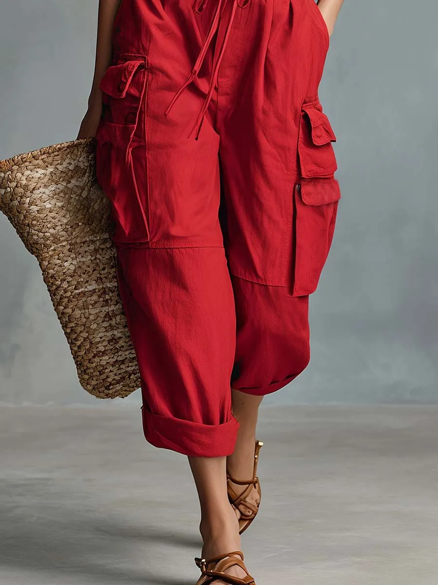 Casual Vacation-Style Red Cotton-Linen Cargo Capris Pants sold by Oyrosy product image thumbnail 4