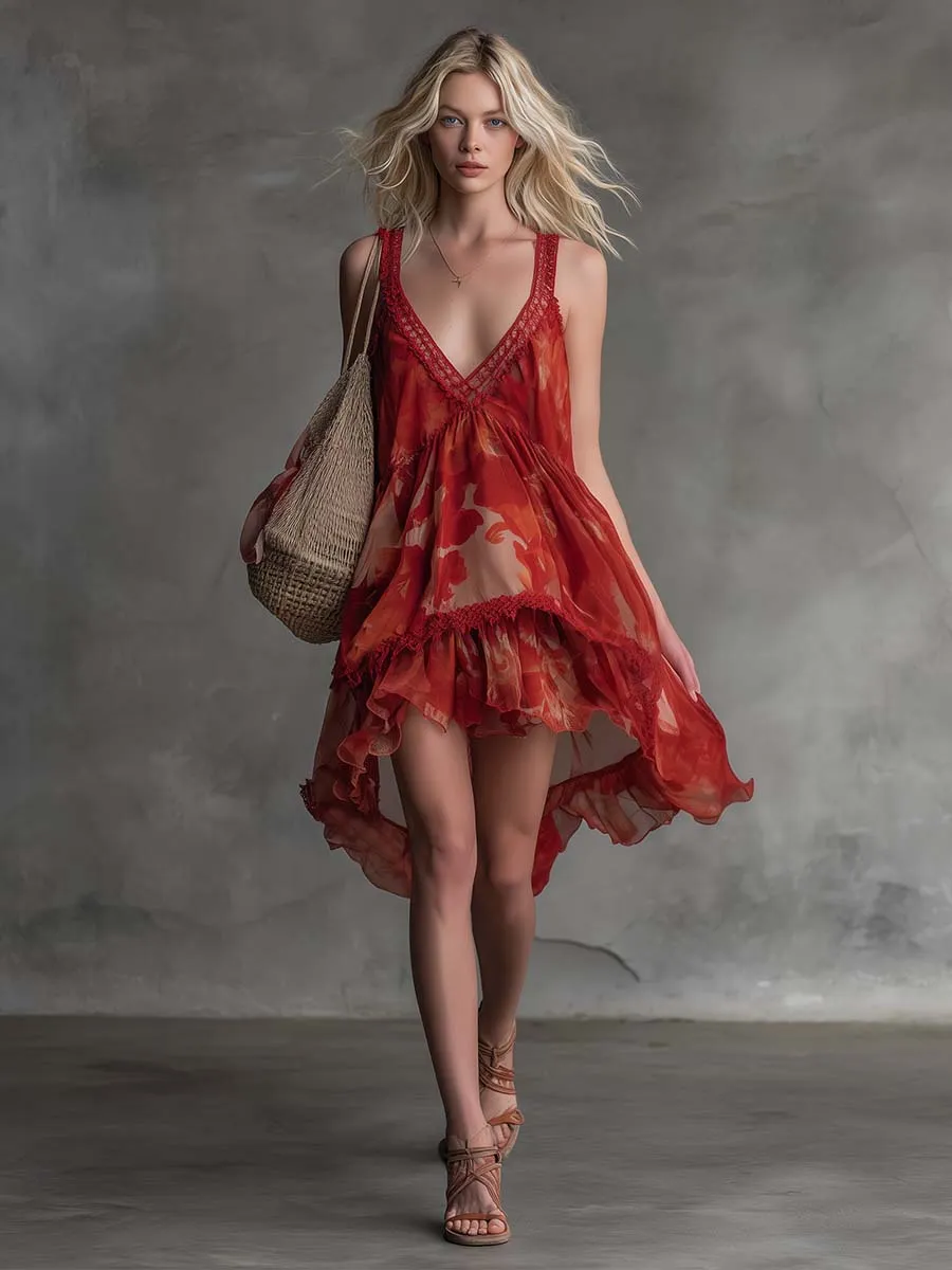 Retro Flowy Vacation Lace V-Neck Ruffled Hem Red Printed Chiffon Mini Dress sold by Oyrosy product image thumbnail 2
