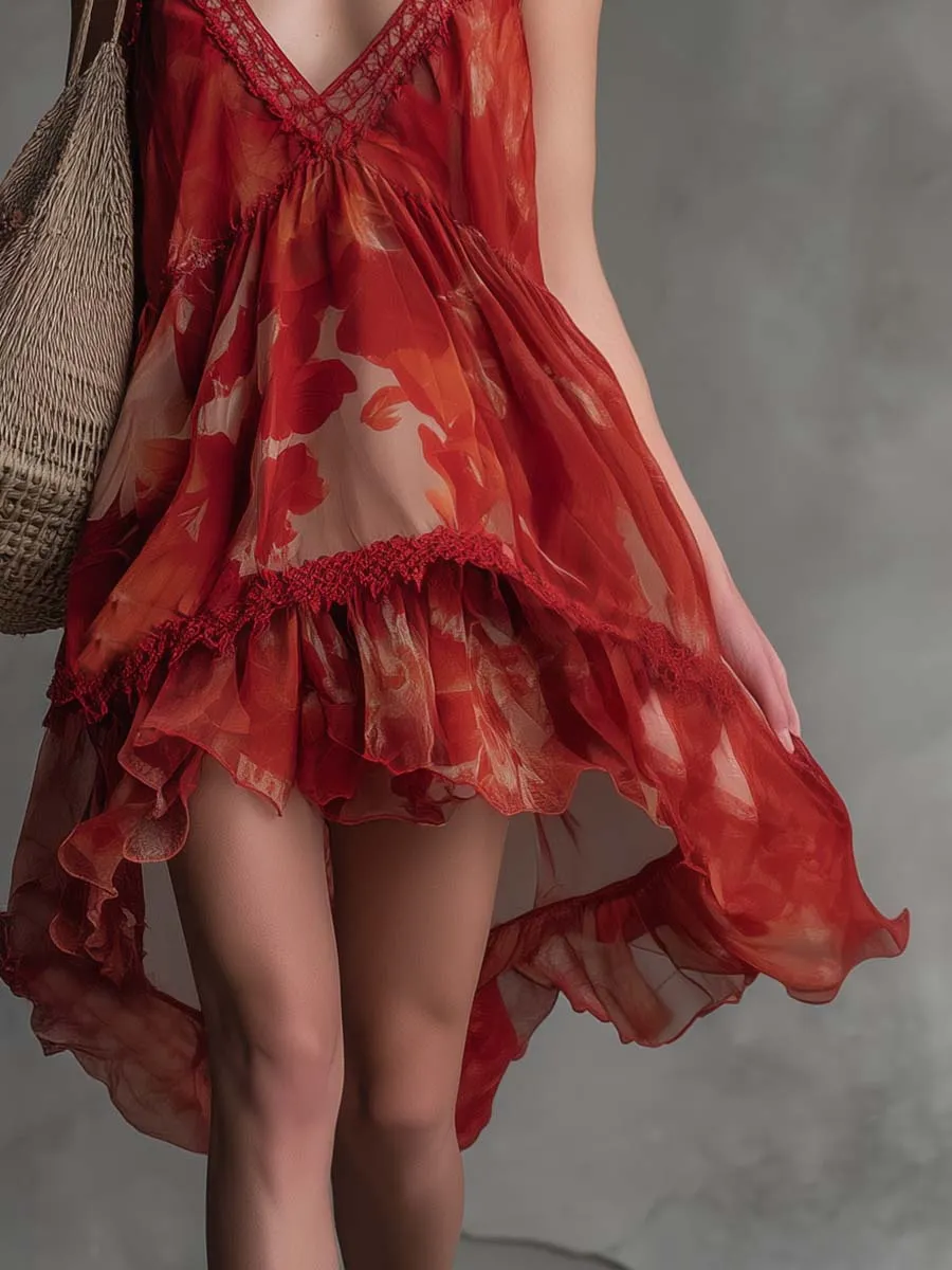Retro Flowy Vacation Lace V-Neck Ruffled Hem Red Printed Chiffon Mini Dress sold by Oyrosy product image thumbnail 4