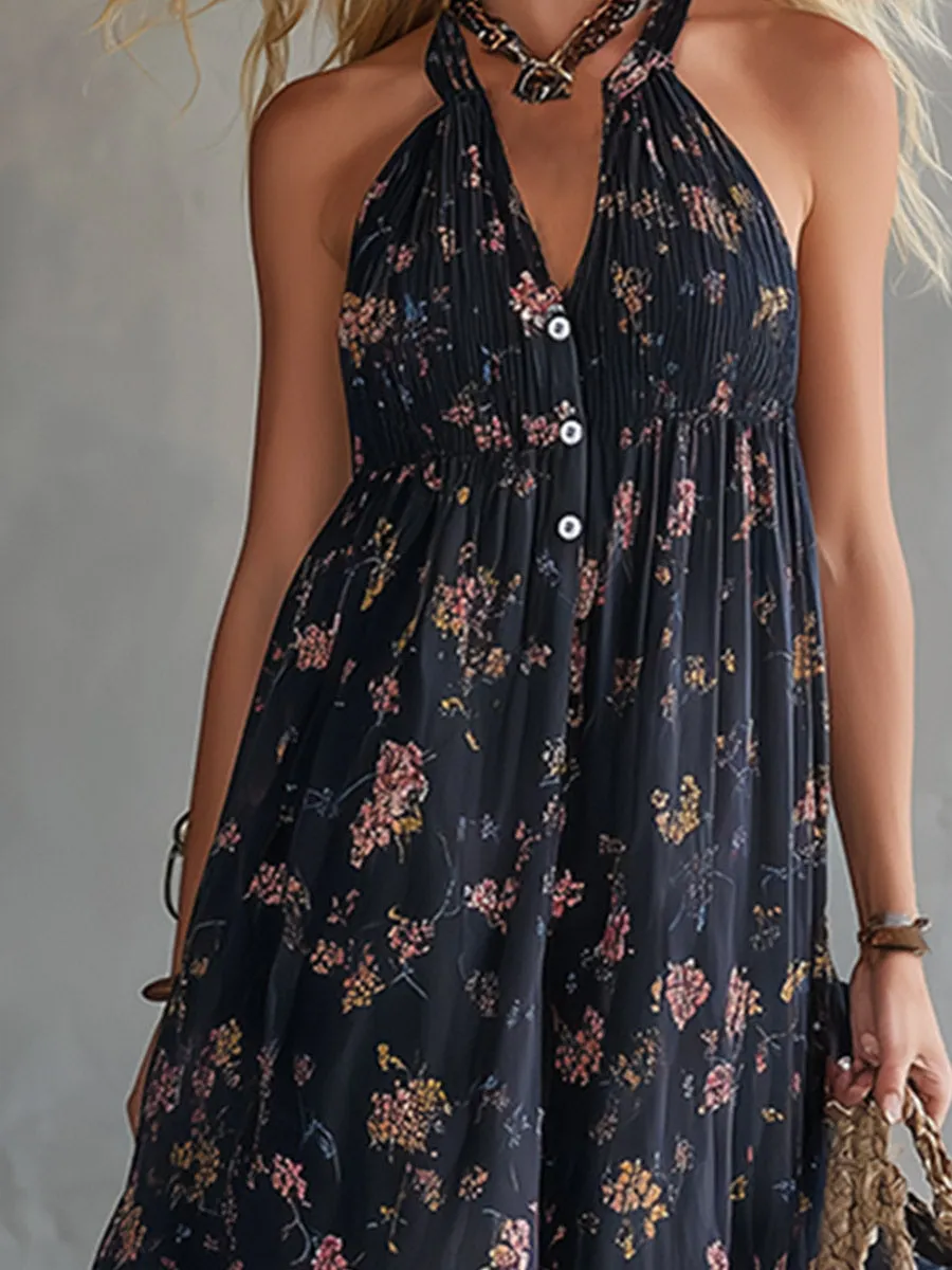 Retro Urban Silhouette Black Floral Print Chiffon Sleeveless Maxi Dress sold by Oyrosy product image thumbnail 5