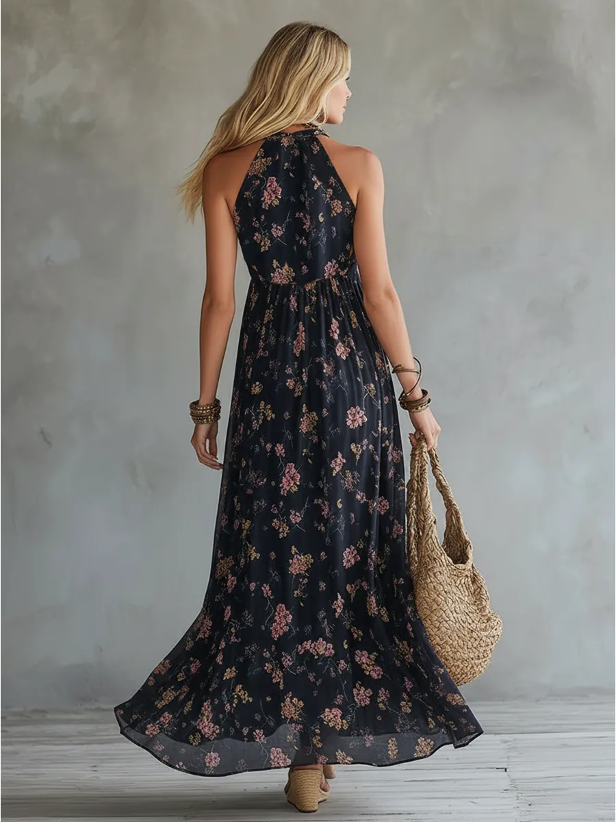 Retro Urban Silhouette Black Floral Print Chiffon Sleeveless Maxi Dress sold by Oyrosy product image thumbnail 3