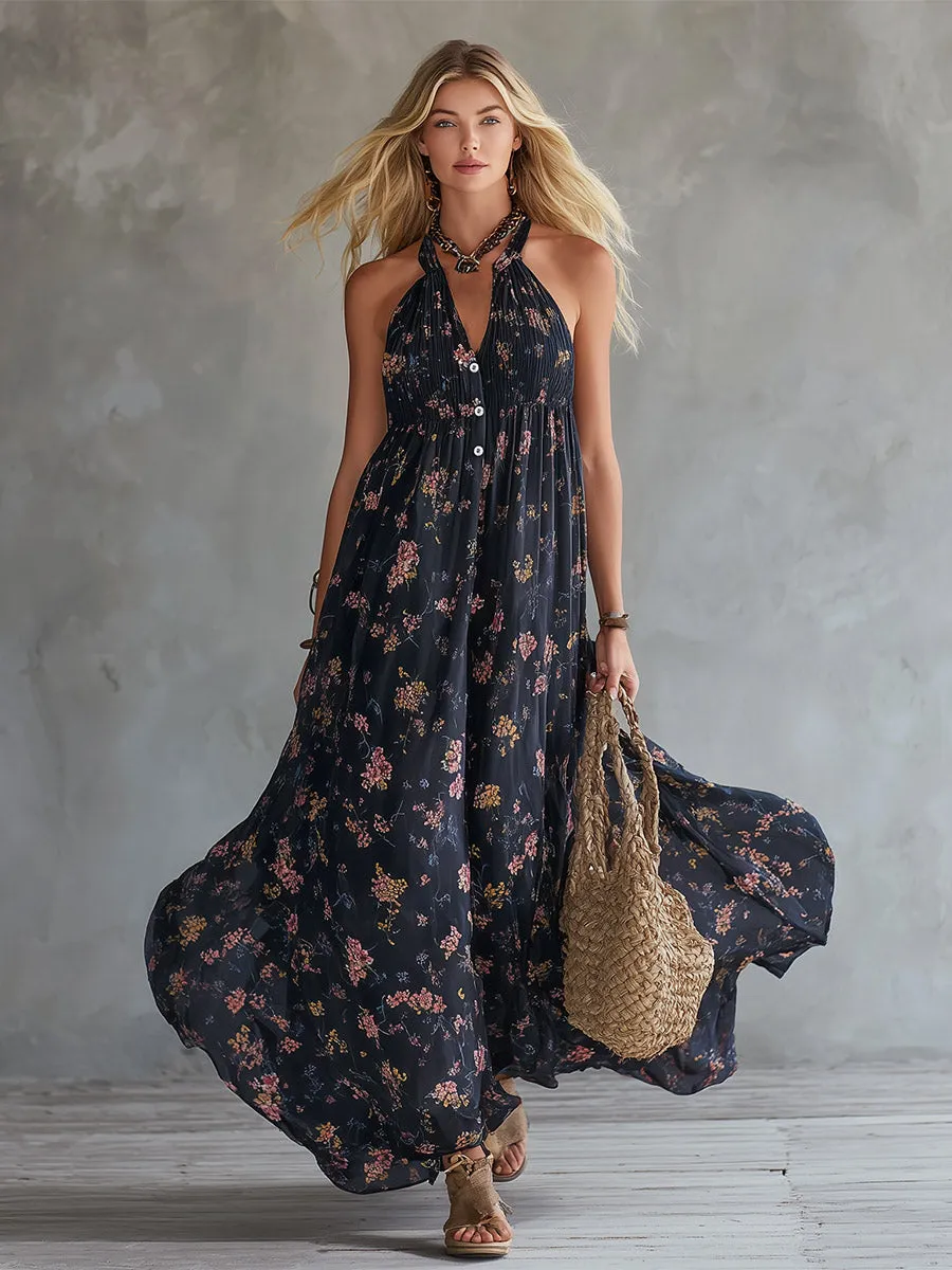Retro Urban Silhouette Black Floral Print Chiffon Sleeveless Maxi Dress sold by Oyrosy product image thumbnail 4