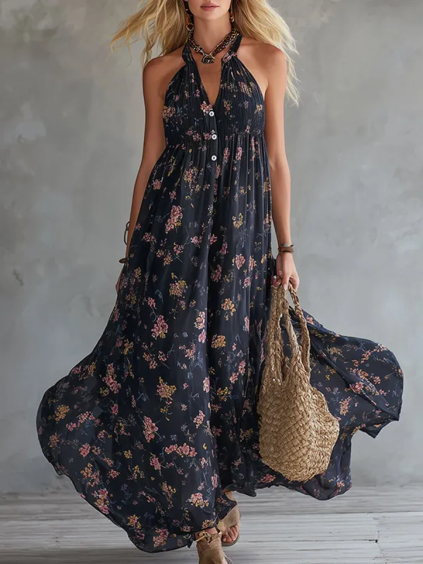 Retro Urban Silhouette Black Floral Print Chiffon Sleeveless Maxi Dress made by Oyrosy