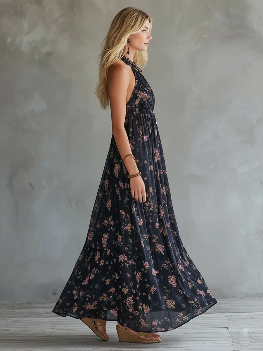 Retro Urban Silhouette Black Floral Print Chiffon Sleeveless Maxi Dress sold by Oyrosy product image thumbnail 2
