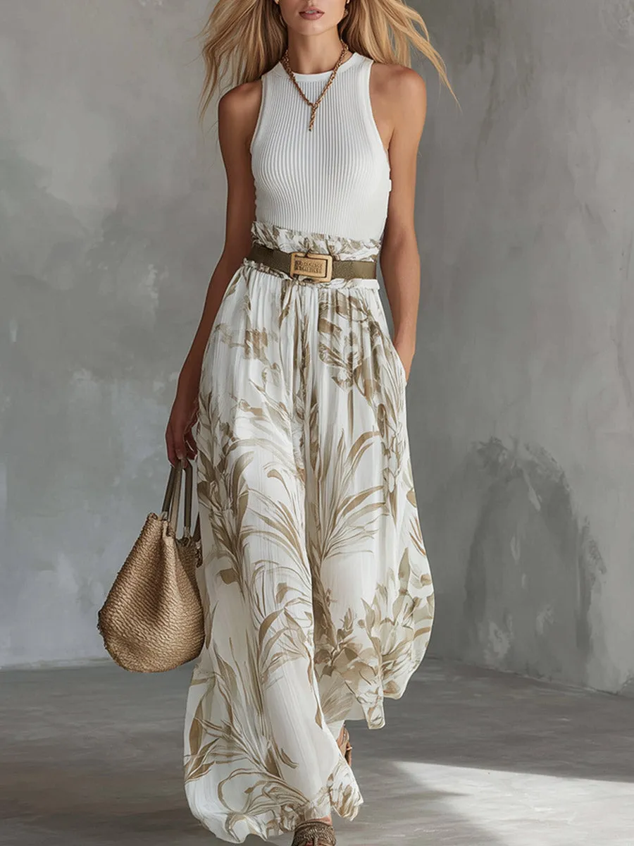 Elegant White Breathable Knit Tank Top Printed Chiffon Wide-Leg Pants Set sold by Oyrosy