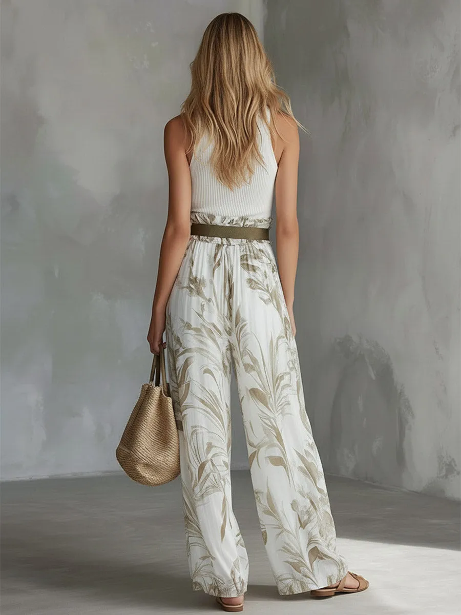 Elegant White Breathable Knit Tank Top Printed Chiffon Wide-Leg Pants Set sold by Oyrosy product image thumbnail 3