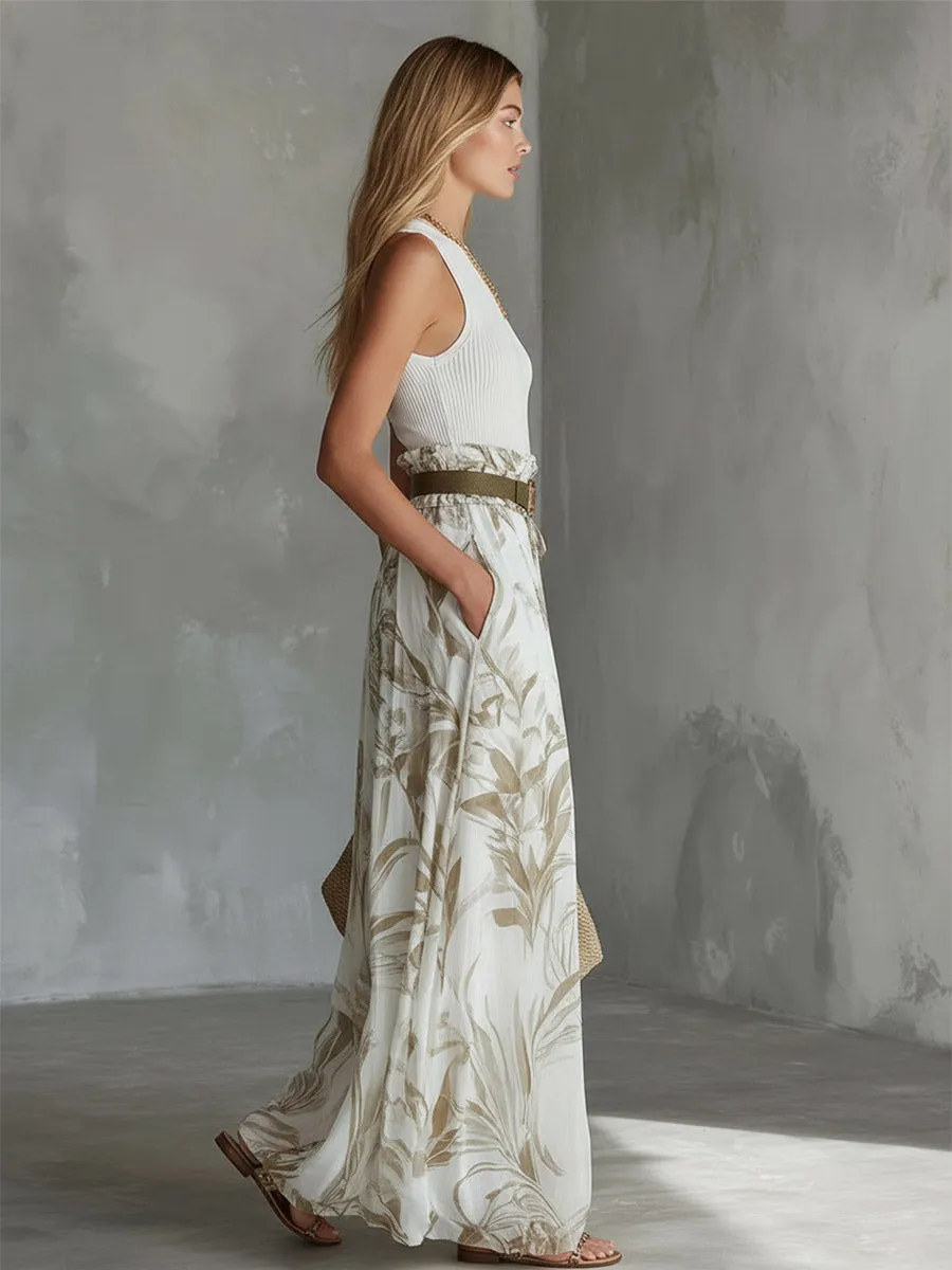 Elegant White Breathable Knit Tank Top Printed Chiffon Wide-Leg Pants Set sold by Oyrosy product image thumbnail 2