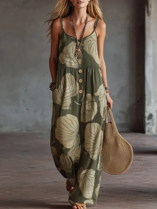 Chic Retro Green Floral-Print Chiffon Spaghetti-Strap Silhouette Sleeveless Jumpsuit made by Oyrosy