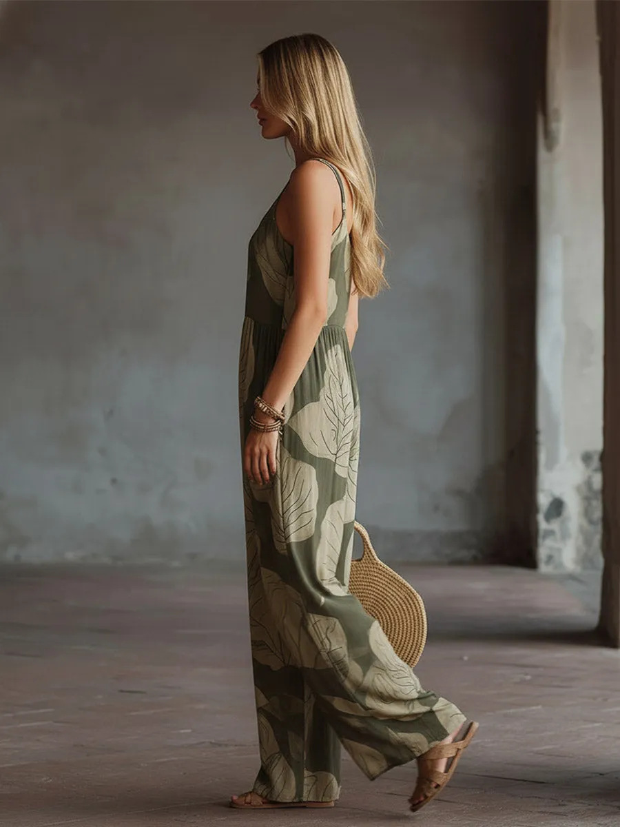 Chic Retro Green Floral-Print Chiffon Spaghetti-Strap Silhouette Sleeveless Jumpsuit sold by Oyrosy product image thumbnail 2
