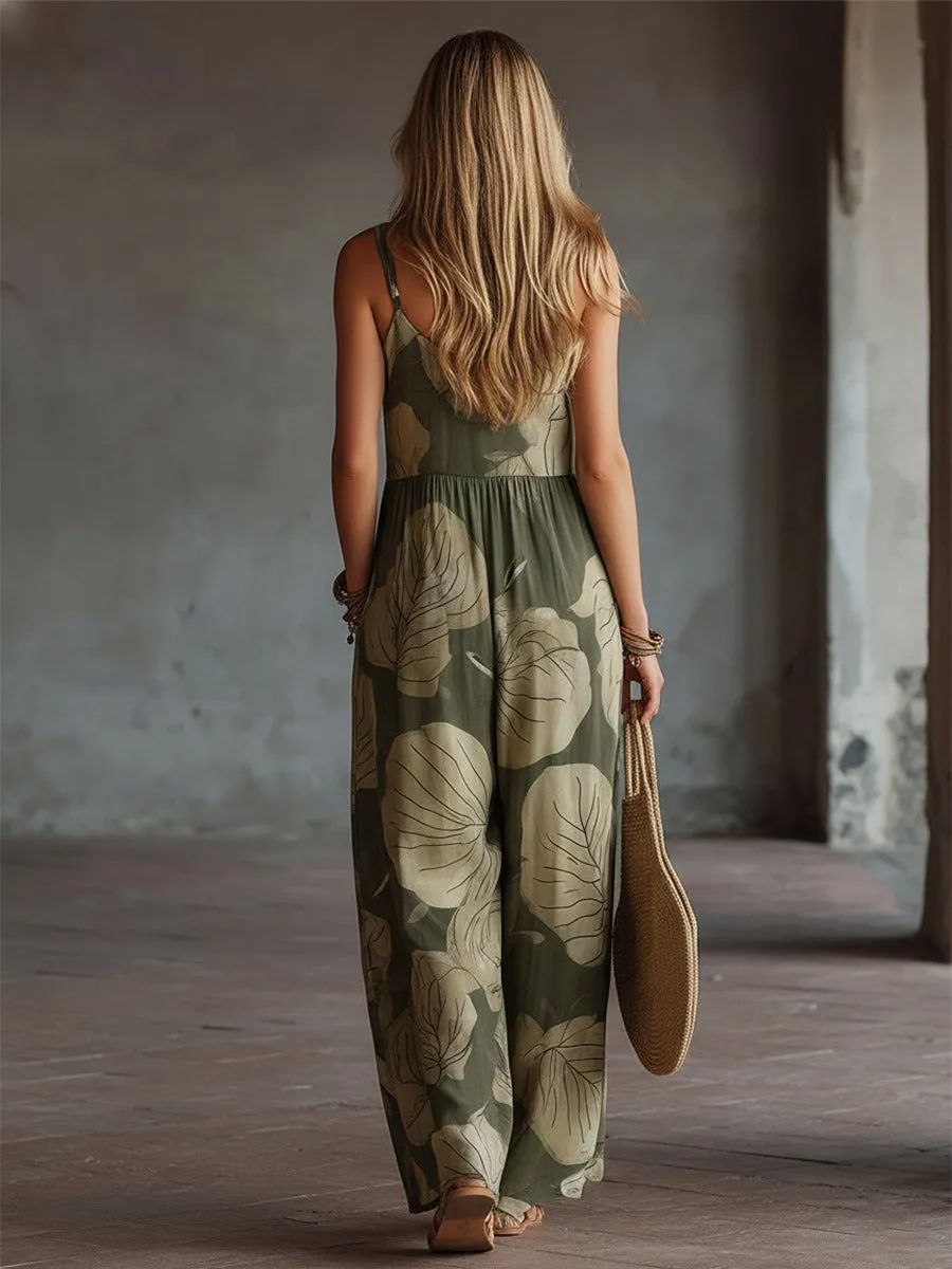 Chic Retro Green Floral-Print Chiffon Spaghetti-Strap Silhouette Sleeveless Jumpsuit sold by Oyrosy product image thumbnail 3