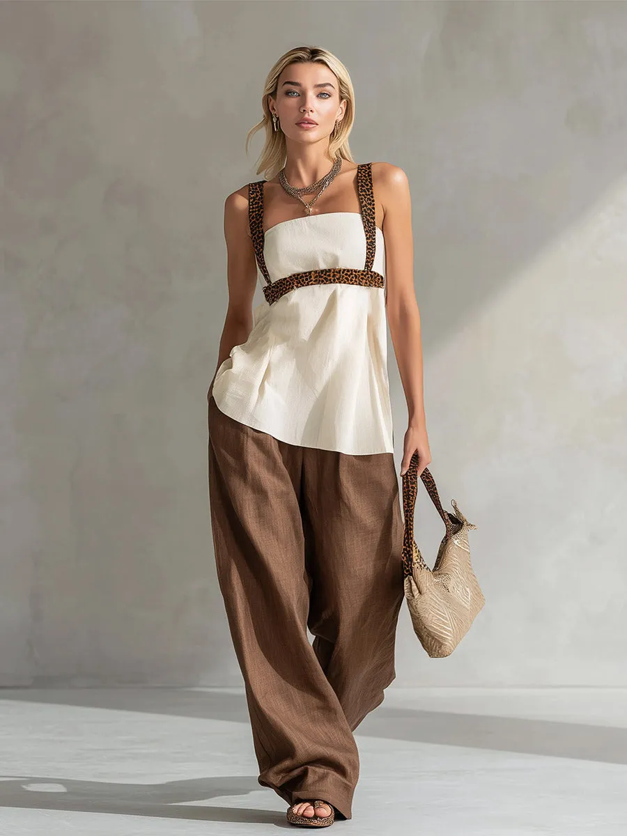 Minimalist Silhouette Leopard-Print Trim White Top And Brown Wide-Leg Pants Cotton-Linen Set sold by Oyrosy product image thumbnail 2