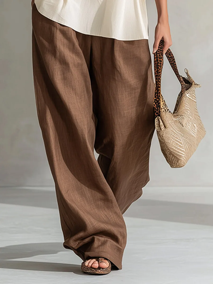 Minimalist Silhouette Leopard-Print Trim White Top And Brown Wide-Leg Pants Cotton-Linen Set sold by Oyrosy product image thumbnail 4