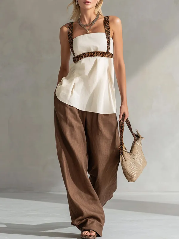 Minimalist Silhouette Leopard-Print Trim  White Top And Brown Wide-Leg Pants Cotton-Linen Set made by Oyrosy