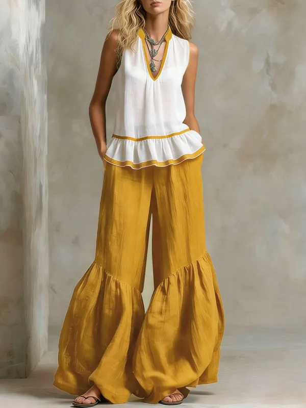 Color-blocked V-neck Ruffled Sleeveless Top And Wide-leg Cotton-linen Set made by Oyrosy