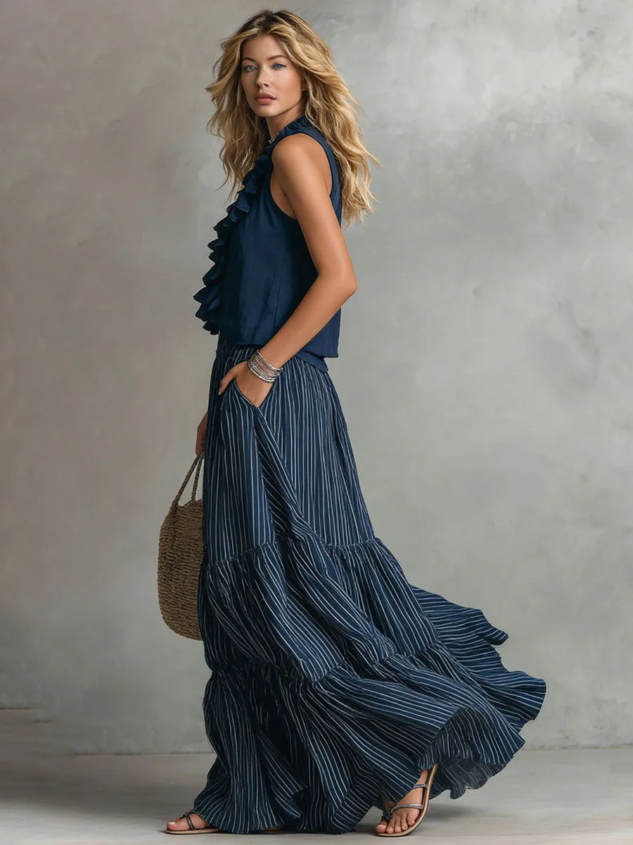 V-neck Ruffled Sleeveless Top And Striped Printed Skirt Chiffon Set sold by Oyrosy product image thumbnail 2